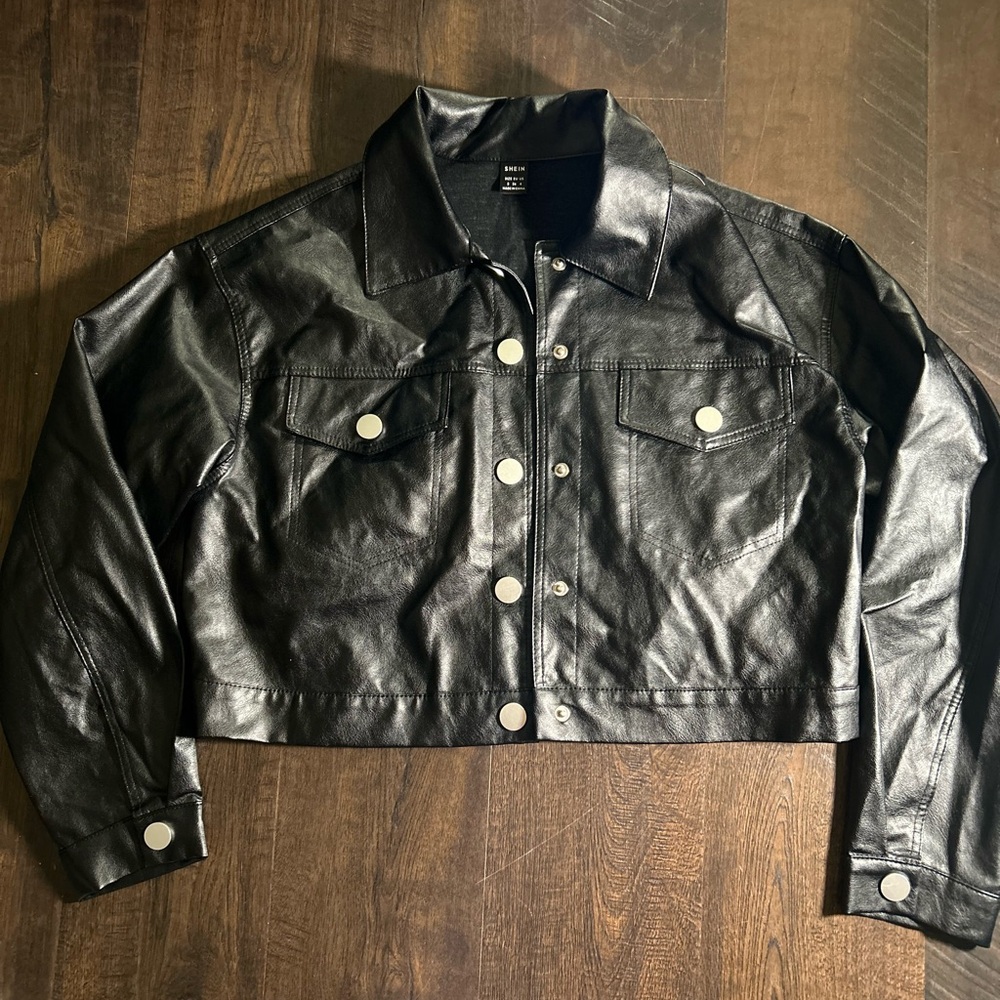 Cropped Black Faux Leather Button-Front Jacket
